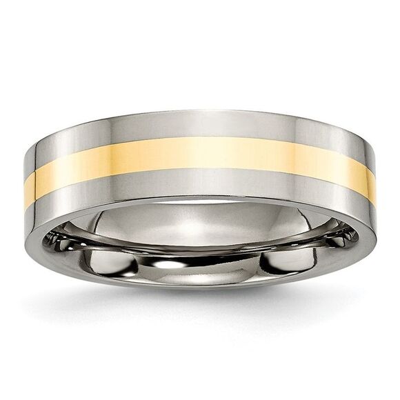 Kazi Luxury Chisel Titanium Polished with 14k Yellow Gold Inlay 6mm Flat Band